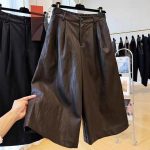 2025 autumn retro casual cropped pants pu leather pants fashion premium elastic loose wide-leg pants women