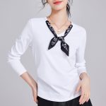 High-end silk scarf V-neck long-sleeved front shoulder T-shirt for women's 2025 new temperament light and mature wind folds waist and thin top